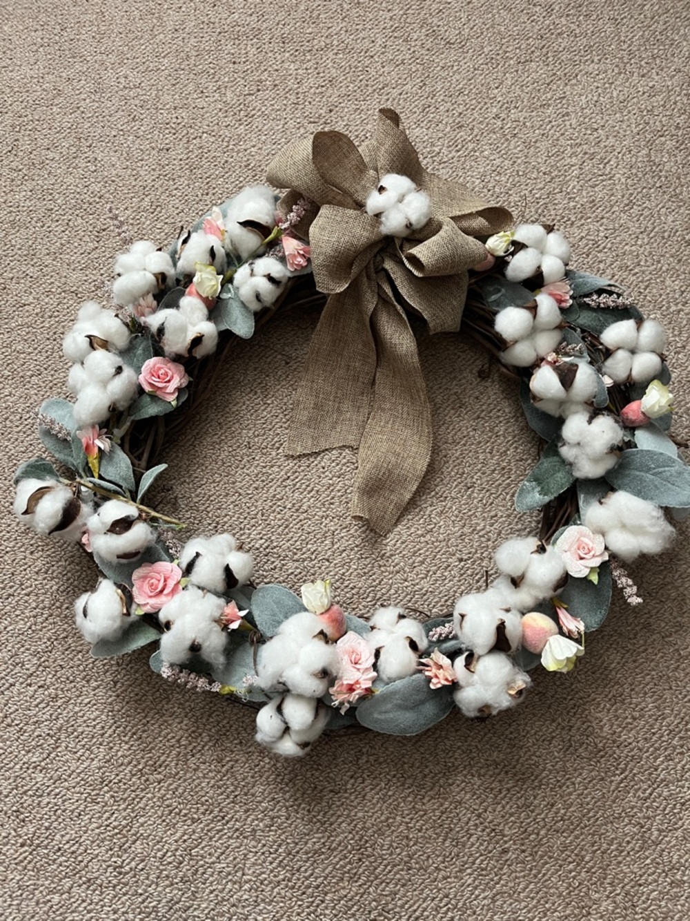 Cotton & Rose Spring Wreath with Burlap Bow